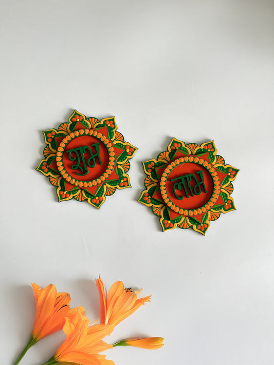 Handpainted Shubh Labh Wall Hanging – Flower Design in Green & Orange (4x4 Inch)