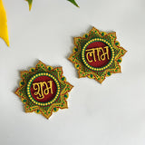 Handpainted Shubh Labh Wall Hanging – Flower Design in Red, Green & Yellow (4x4 Inch)