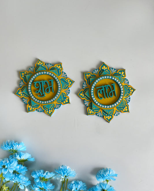 Handpainted Shubh Labh Wall Hanging – Flower Design in Teal and Yellow  (4x4 Inch)