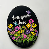 Hand-Painted Floral Dot Mandala Wall Hanging – “Love Grows Here”