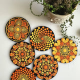 Orange & Yellow Floral Dot Mandala Coaster Set
