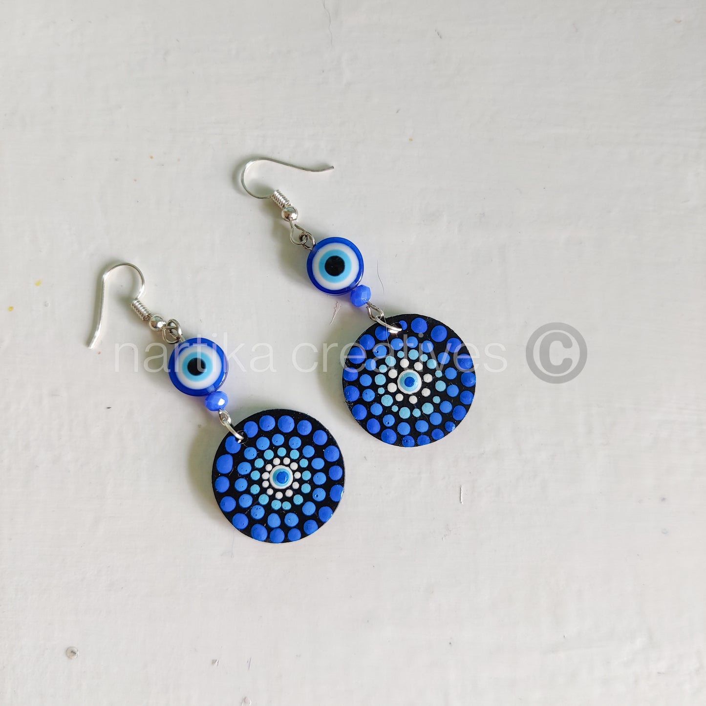 Dot Mandala art Earrings Round - Evil Eye Blue