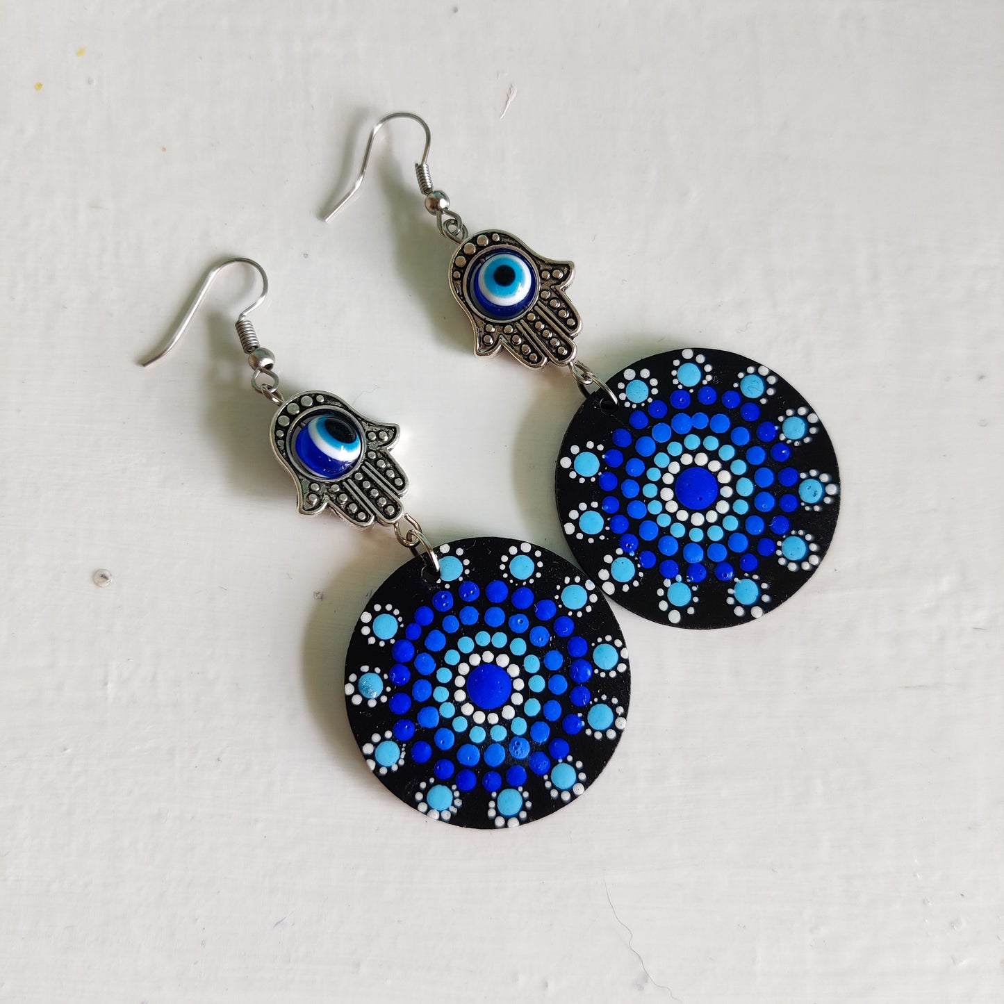 Dot Mandala art Earrings Evil Eye With Humsa Hand