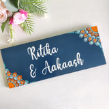 Orange & Teal Corner Semi Mandala Dot Art Rectangular Nameplate – 12 x 30 cm | Customizable in Black, White & Blue Backgrounds