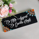 Orange & Teal Corner Semi Mandala Dot Art Rectangular Nameplate – 12 x 30 cm | Customizable in Black, White & Blue Backgrounds