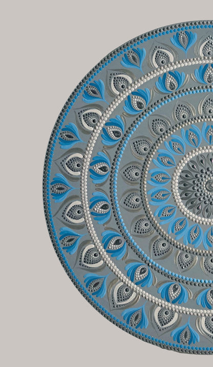 Elegant Blue & Silver Mandala Wall Art – Hand-Painted Dot Design