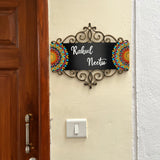 Black & Gold Accented Cutwork Nameplate with Colorful Dot Mandalas