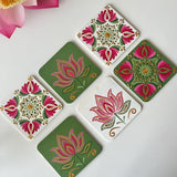 Lotus Blossom Dot Mandala Coaster Set – Pink & Green on White