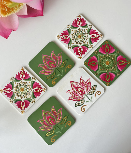 Lotus Blossom Dot Mandala Coaster Set – Pink & Green on White