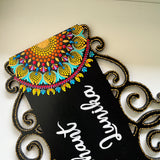 Black & Gold Accented Cutwork Nameplate with Colorful Dot Mandalas