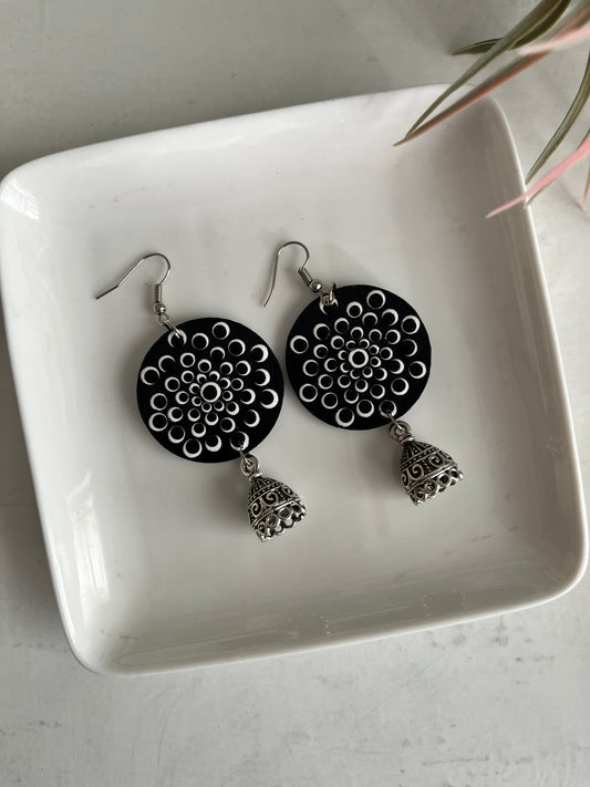 Dot Mandala art Earning Round Jhumki Black