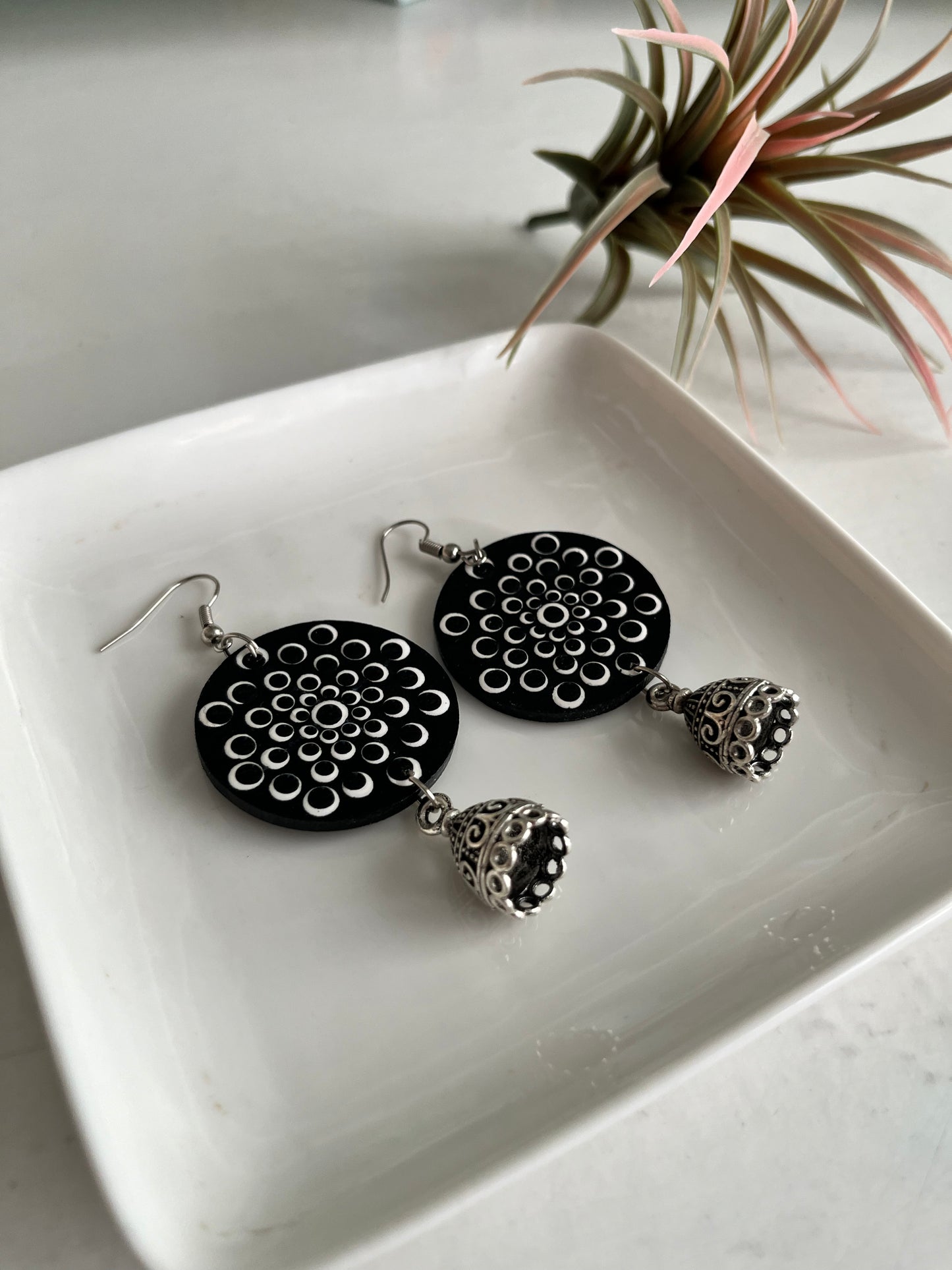 Dot Mandala art Earning Round Jhumki Black