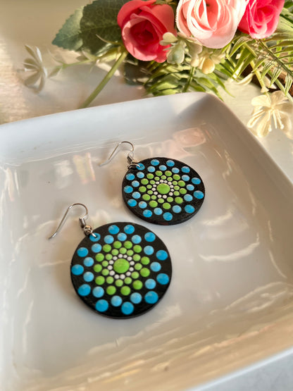 Dot Mandala Art Earrings - Green and Blue