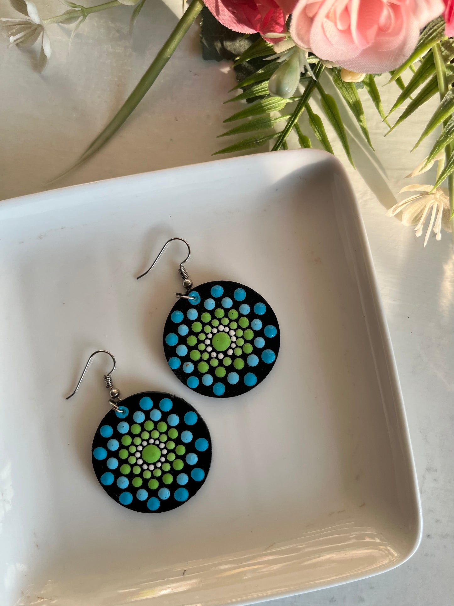 Dot Mandala Art Earrings - Green and Blue