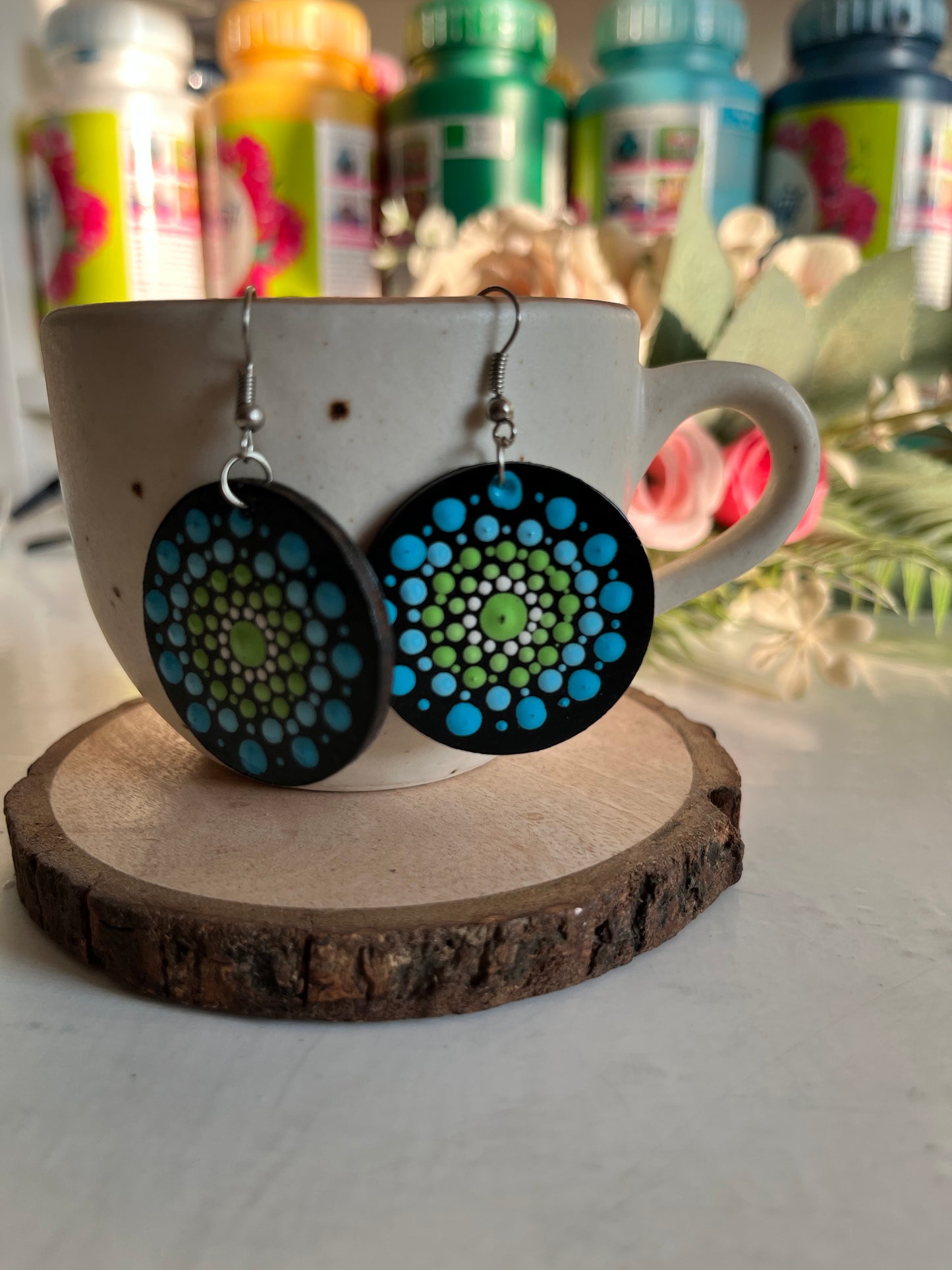 Dot Mandala Art Earrings - Green and Blue