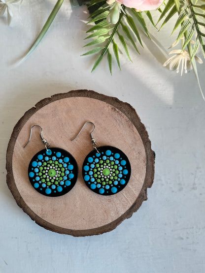 Dot Mandala Art Earrings - Green and Blue