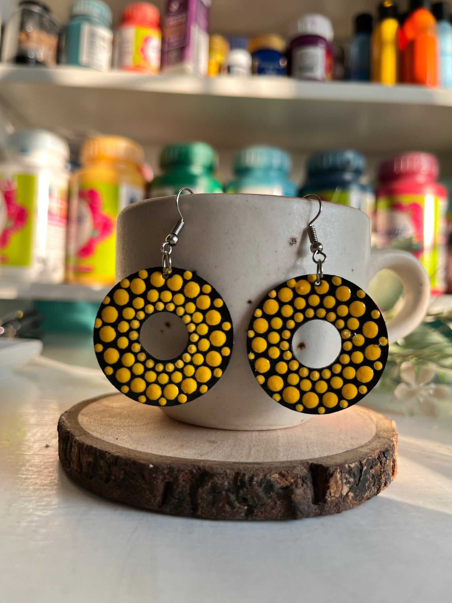 Dot Mandala Art Earrings - Rounded Punch Hole Yellow