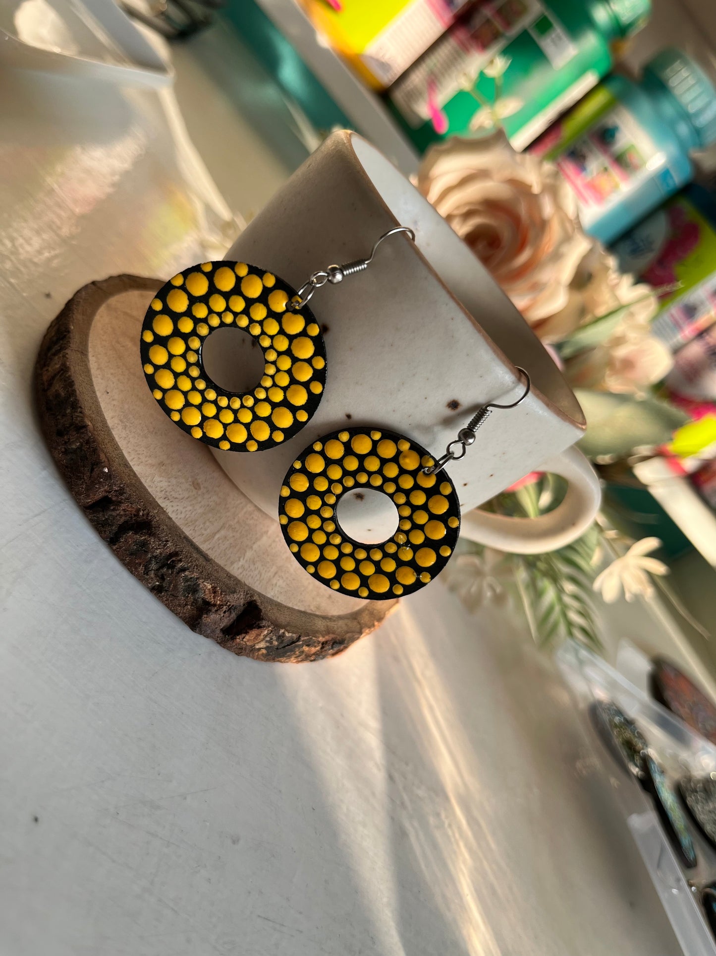 Dot Mandala Art Earrings - Rounded Punch Hole Yellow