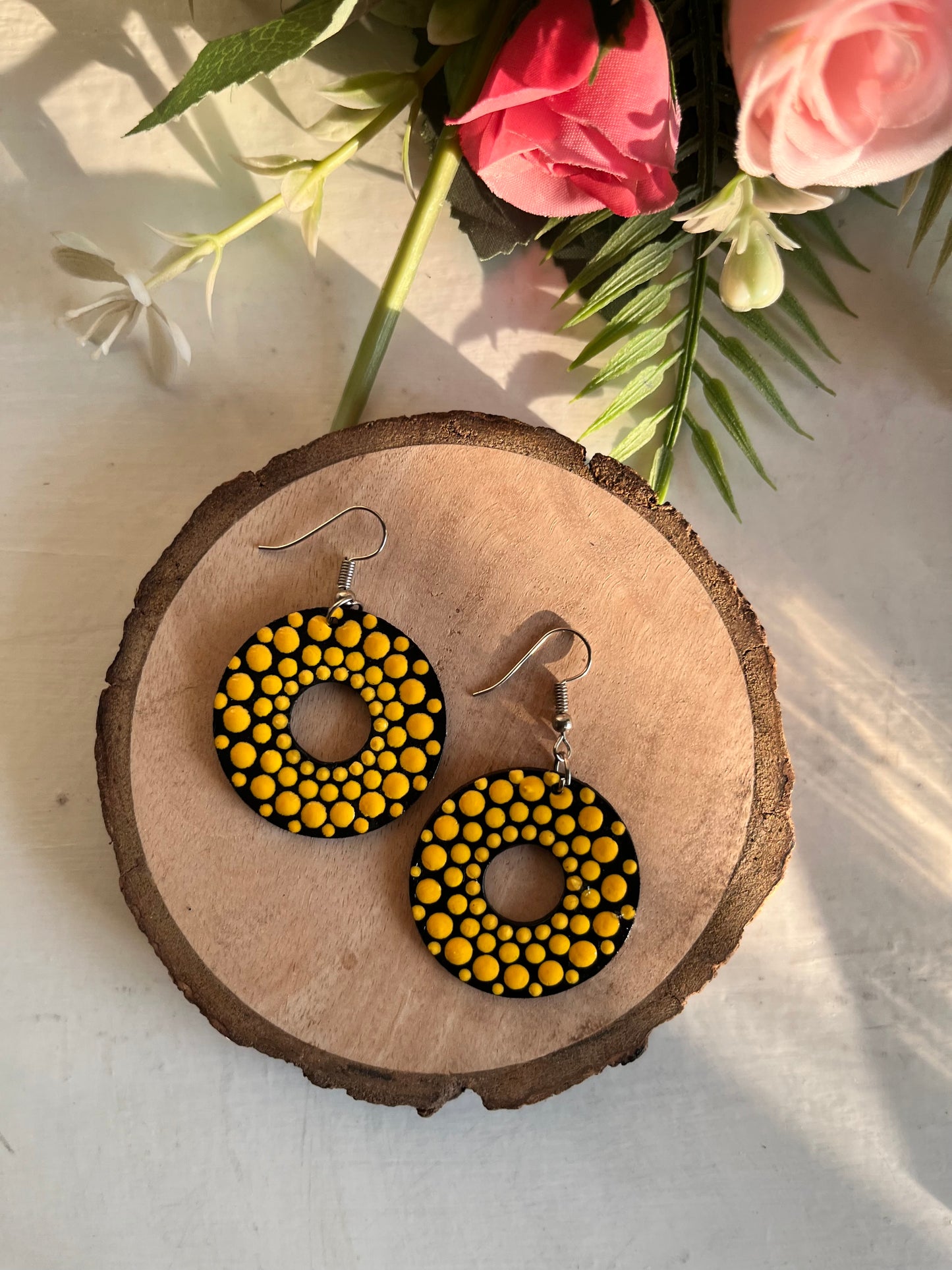 Dot Mandala Art Earrings - Rounded Punch Hole Yellow