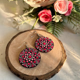 Dot Mandala art Earrings Round - Light Pink & Red