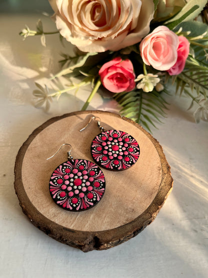 Dot Mandala art Earrings Round - Light Pink & Red