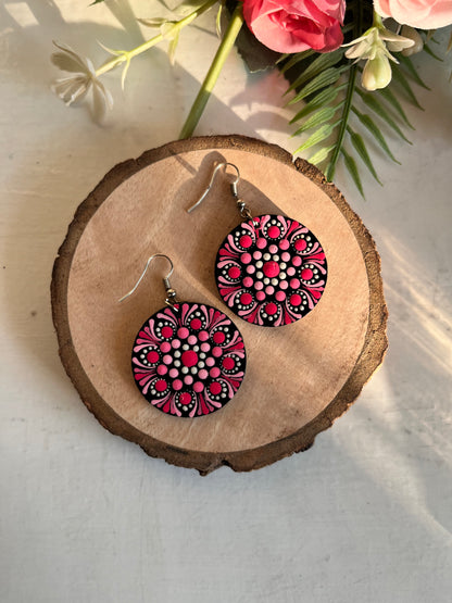 Dot Mandala art Earrings Round - Light Pink & Red