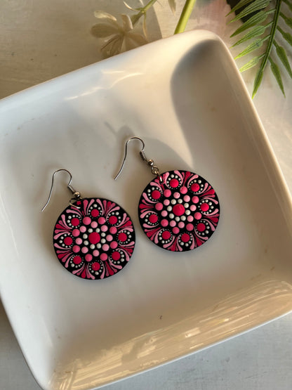 Dot Mandala art Earrings Round - Light Pink & Red