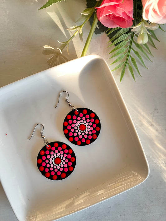 Dot Mandala art Earrings Round- Pink & Red