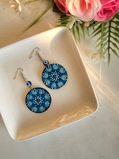 Dot Mandala art Earrings Round - Evil Eye Blue