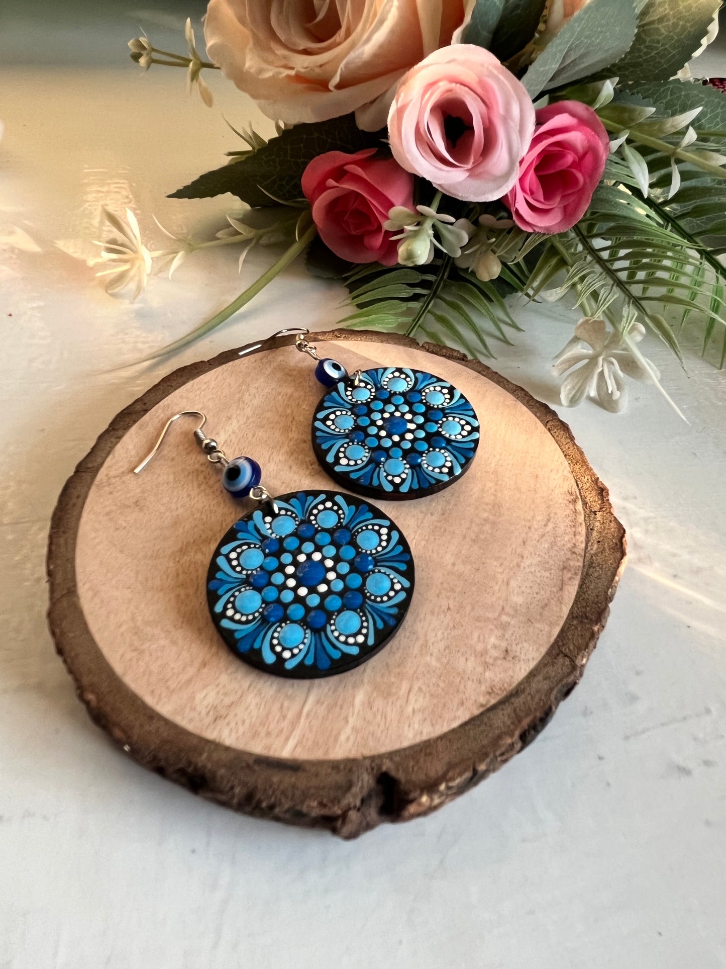 Dot Mandala art Earrings Round - Evil Eye Blue