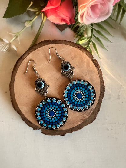 Dot Mandala art Earrings Evil Eye With Humsa Hand