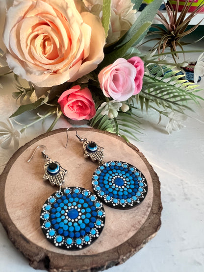 Dot Mandala art Earrings Evil Eye With Humsa Hand