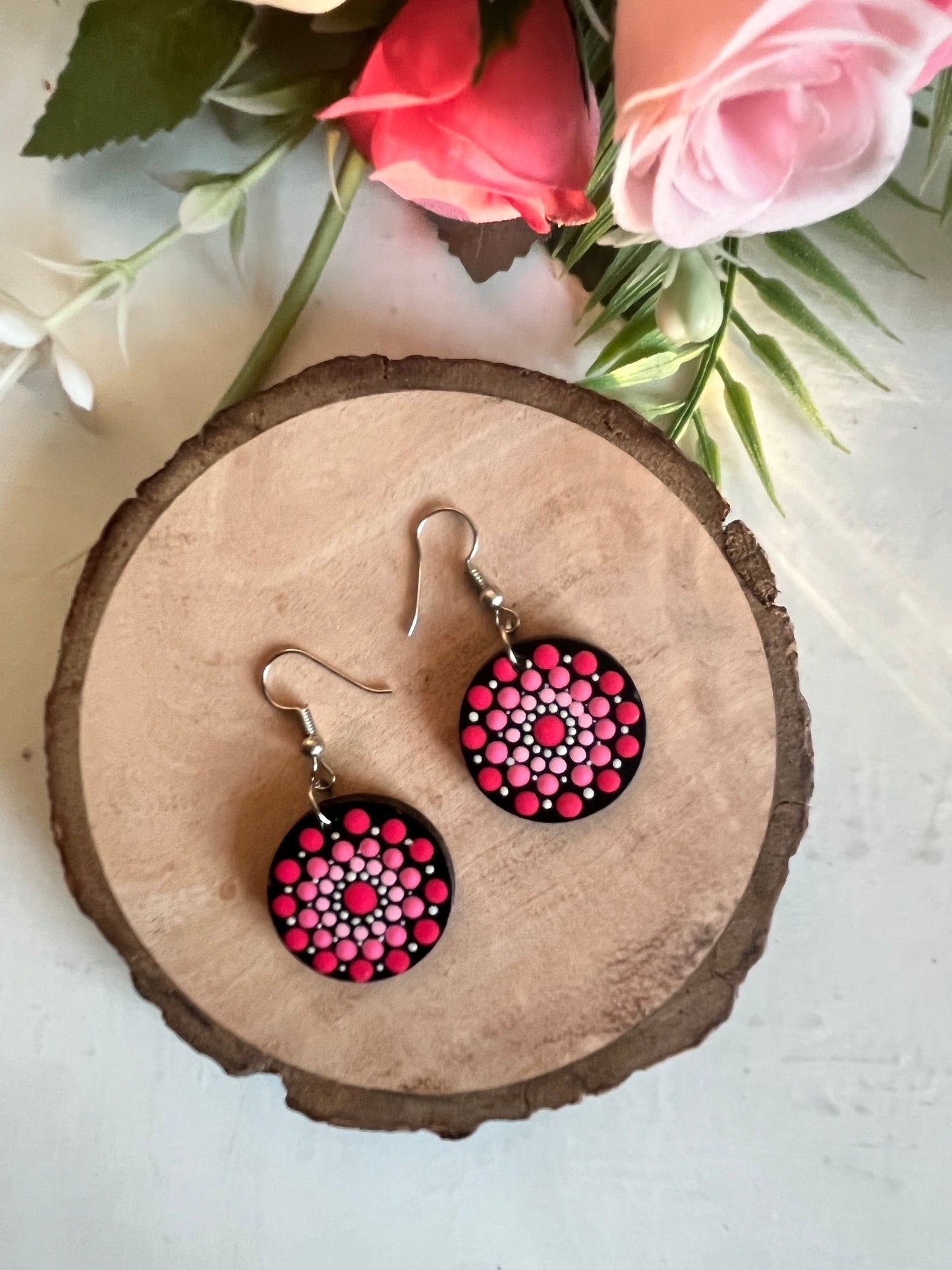 Dot Mandala art Earrings Round- Pink & Red