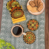 Orange & Yellow Floral Dot Mandala Coaster Set