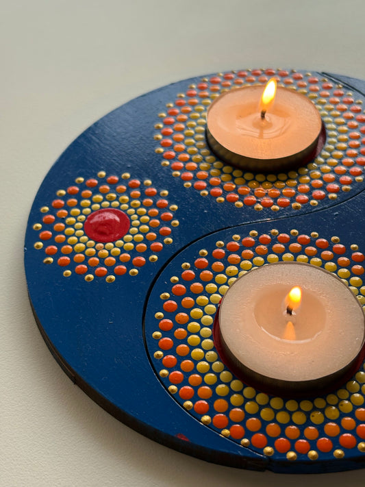 Yin Yang Dual Flame – Hand-Painted Mandala Dot Art Tealight Holder