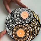 Yin Yang Balance – Hand-Painted Mandala Dot Art Tealight Holder