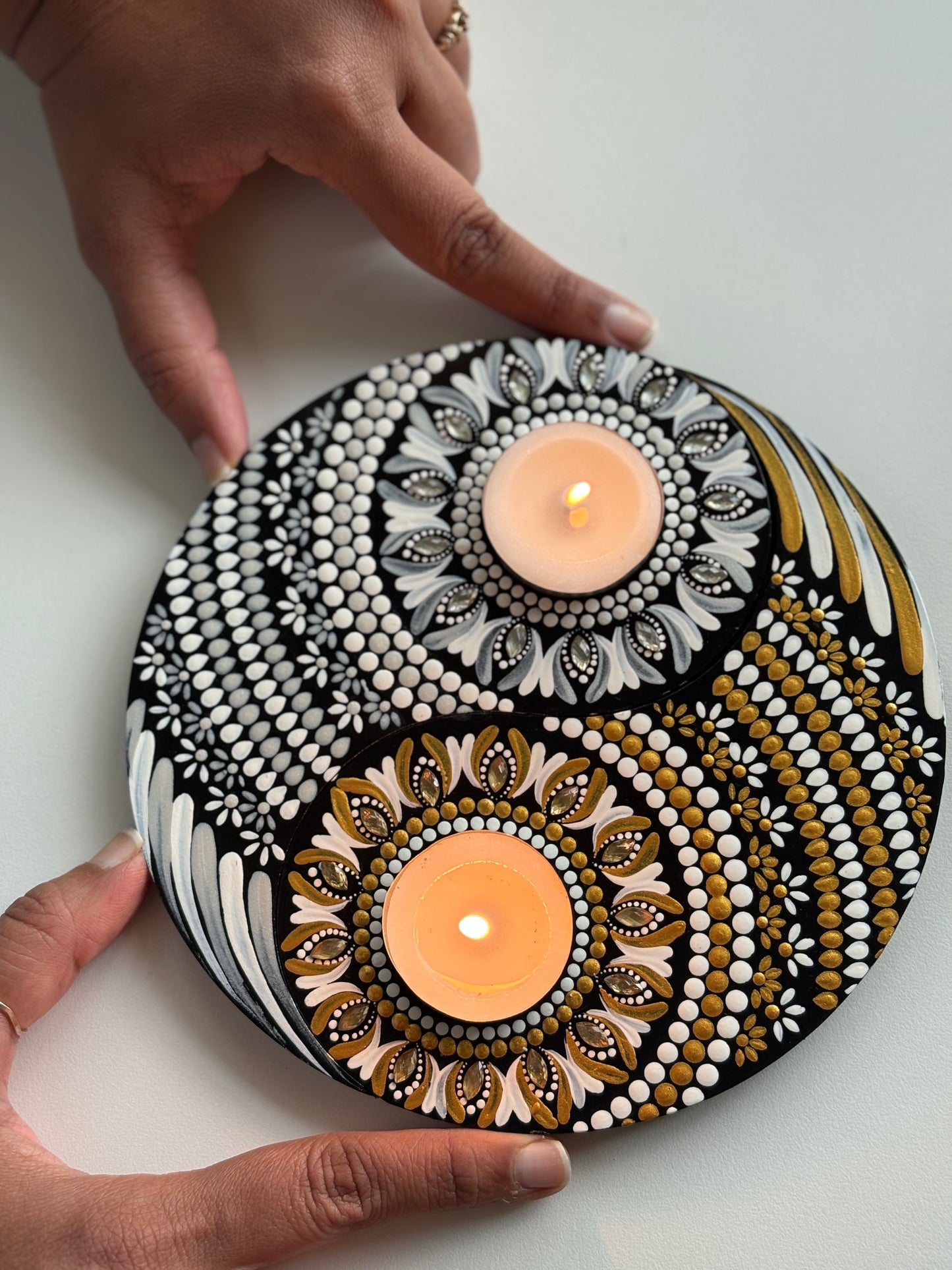 Yin Yang Balance – Hand-Painted Mandala Dot Art Tealight Holder