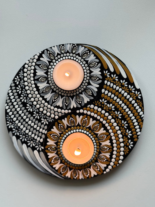 Yin Yang Balance – Hand-Painted Mandala Dot Art Tealight Holder
