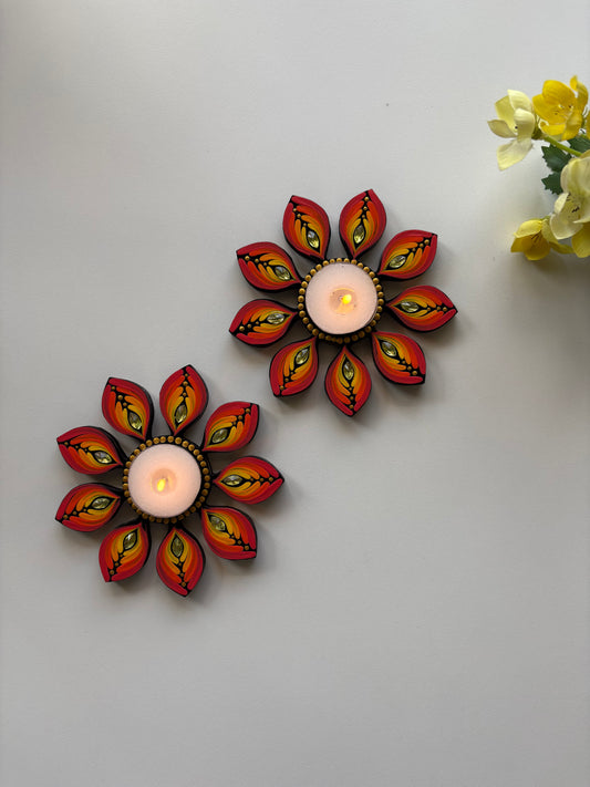 “Sunburst Radiance – Hand-Painted Mandala Tealight Holders”