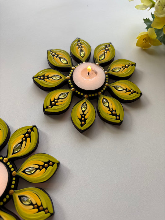 “Golden Glow – Hand-Painted Floral Tealight Holder”