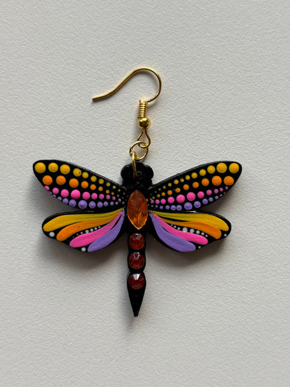 Mystic Dragonfly Mandala Earrings – Handpainted Art in Peacock Shades