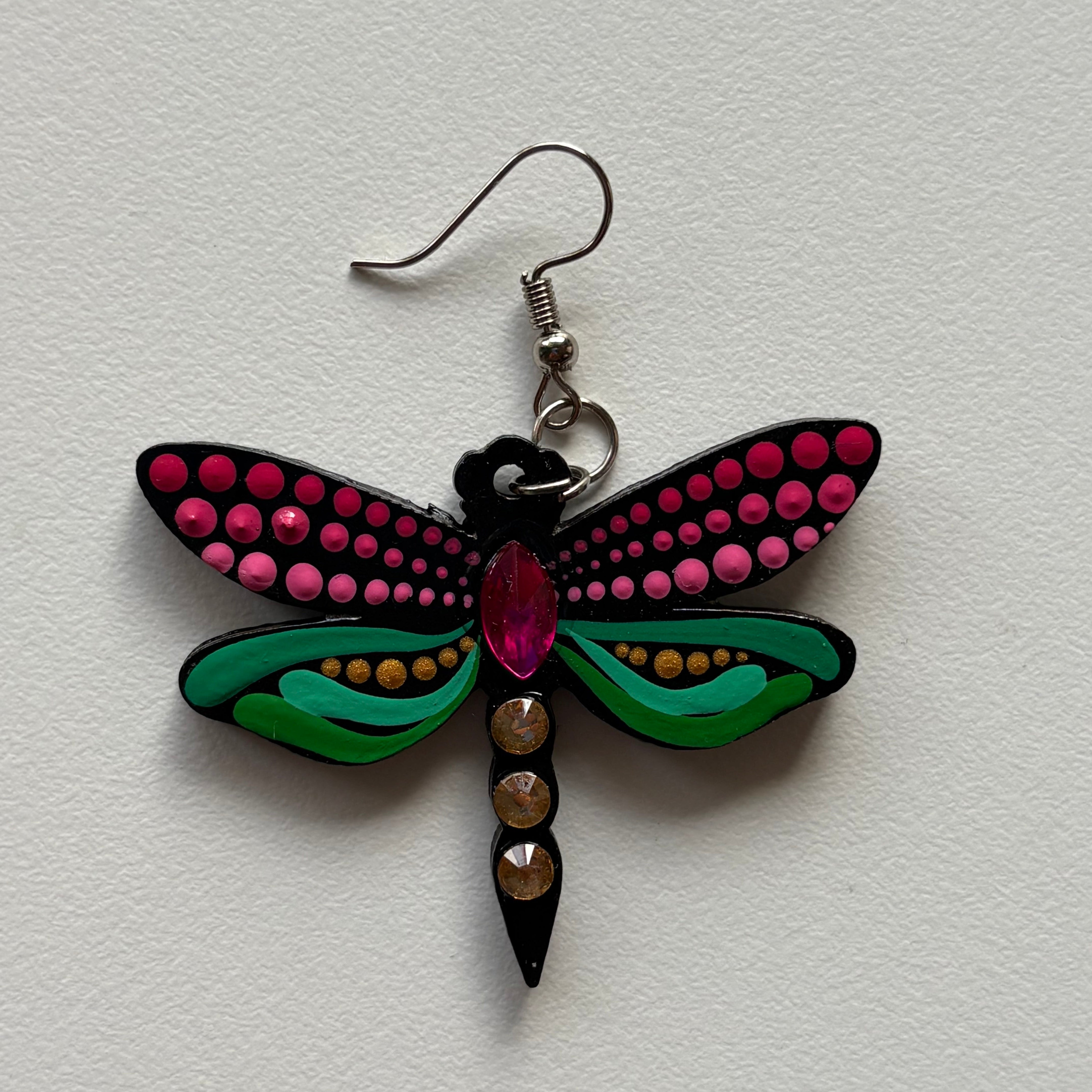 Mystic Dragonfly Mandala Earrings – Handpainted Art in Peacock Shades