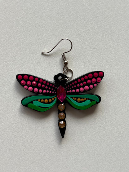 Mystic Dragonfly Mandala Earrings – Handpainted Art in Peacock Shades