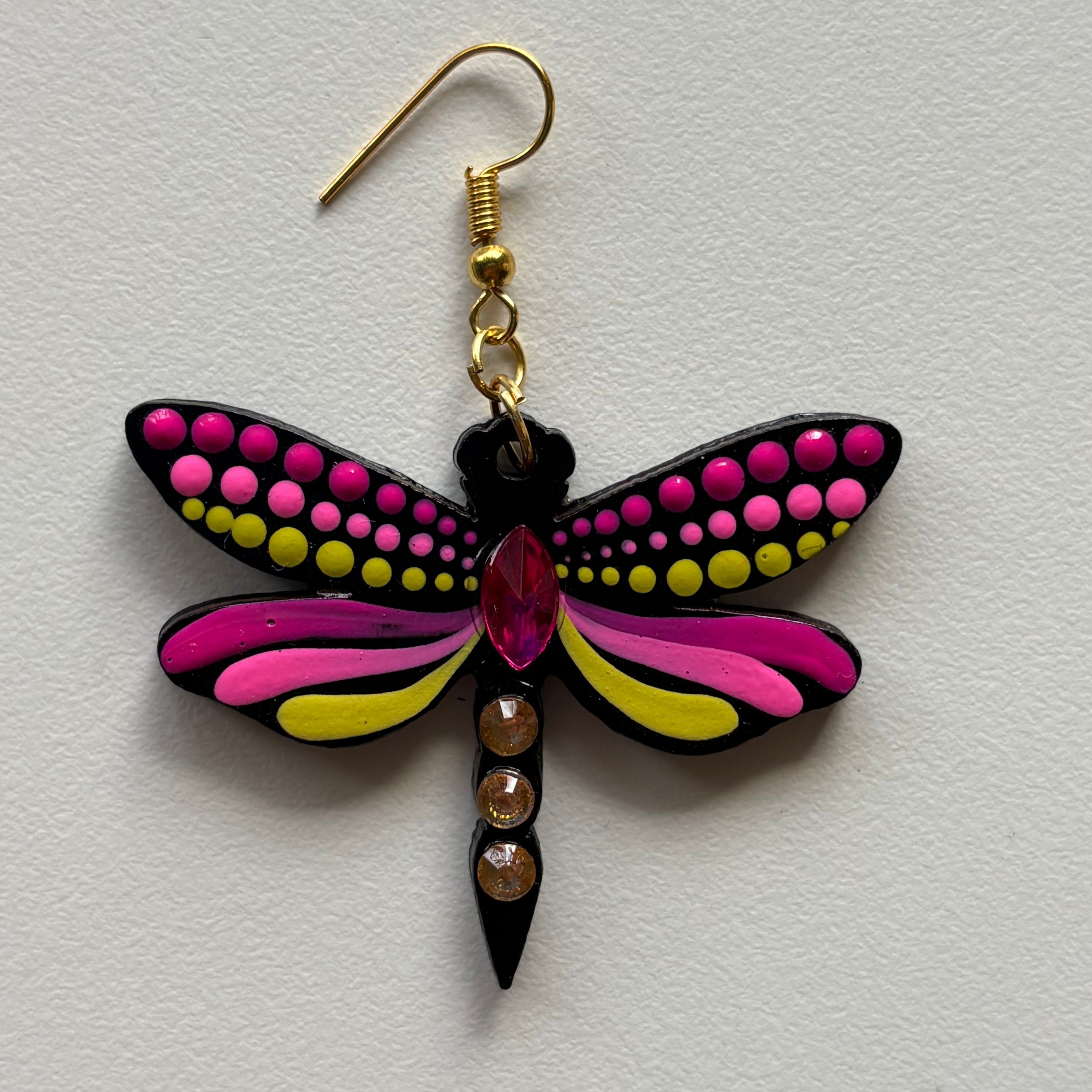 Mystic Dragonfly Mandala Earrings – Handpainted Art in Peacock Shades