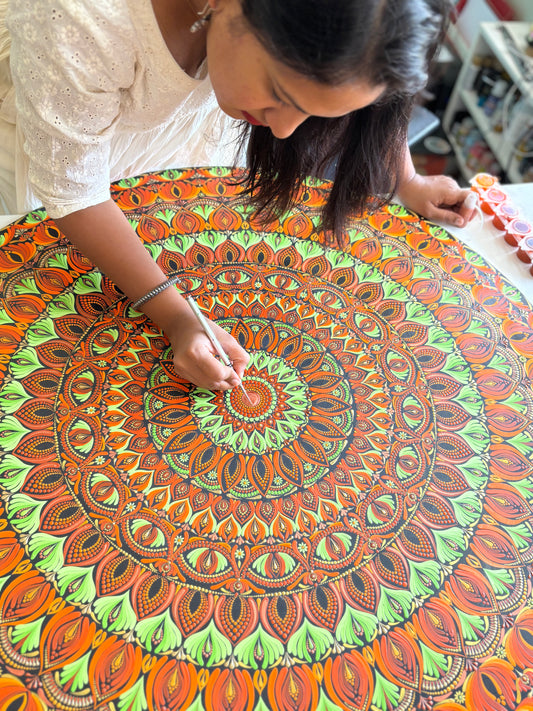 Hand-Painted 3ft Mandala Wall Art – Intricate Dot Art in Orange & Green | Large Statement Home Décor