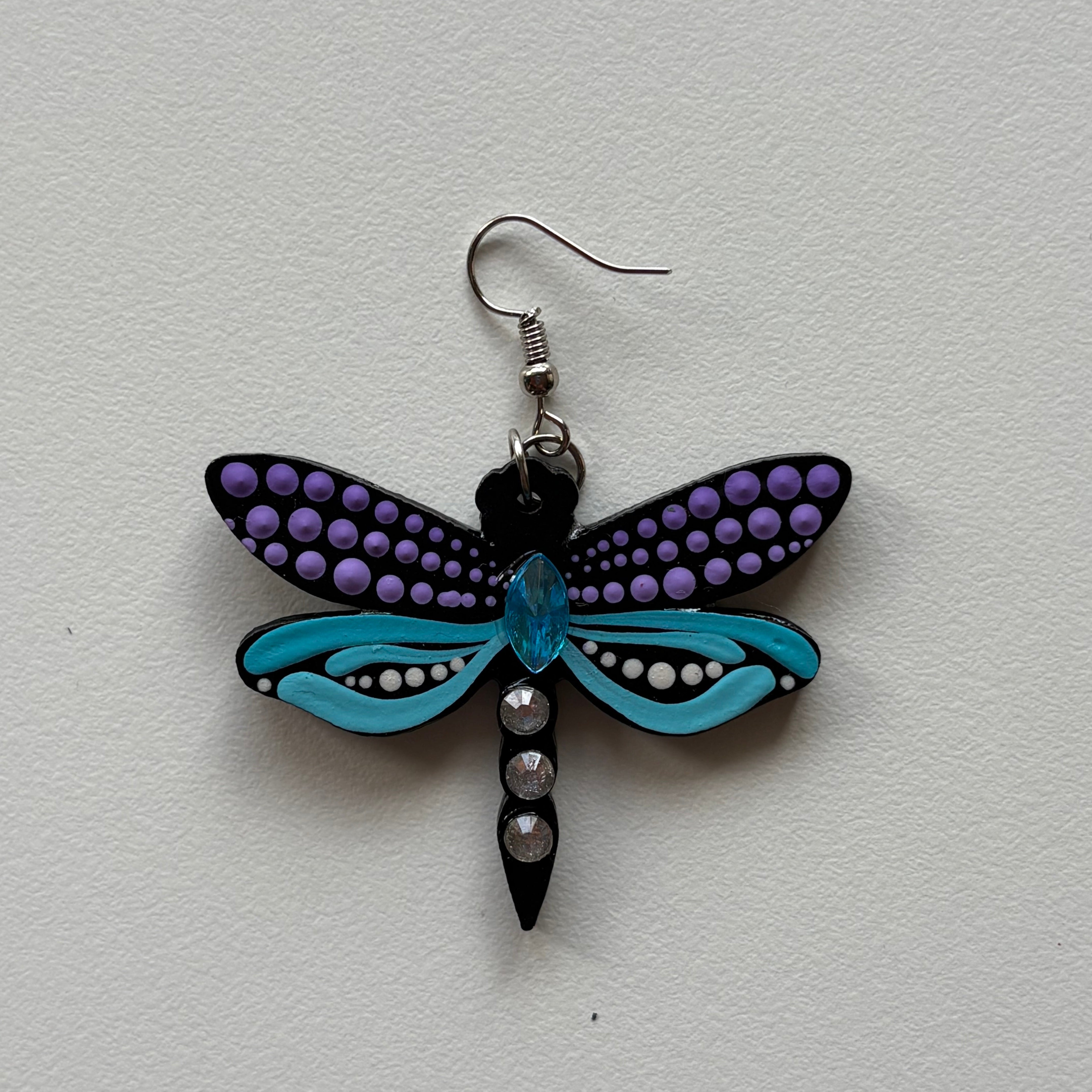 Mystic Dragonfly Mandala Earrings – Handpainted Art in Peacock Shades