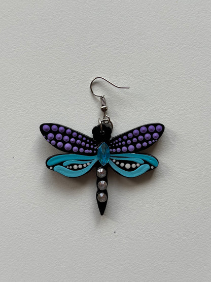 Mystic Dragonfly Mandala Earrings – Handpainted Art in Peacock Shades