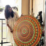 Hand-Painted 3ft Mandala Wall Art – Intricate Dot Art in Orange & Green | Large Statement Home Décor