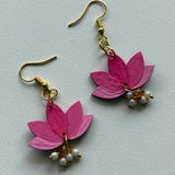 Pink Lotus Bloom Earrings – Handcrafted Elegance with Pearl Drops