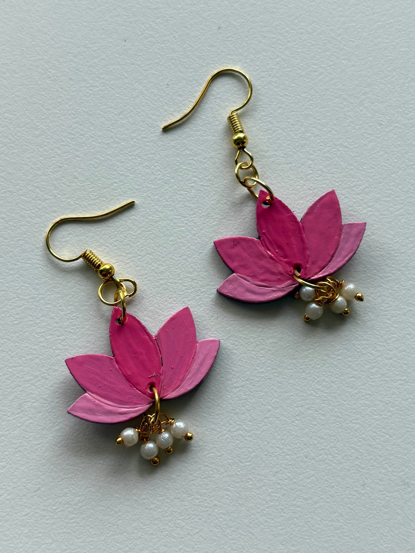 Pink Lotus Bloom Earrings – Handcrafted Elegance with Pearl Drops